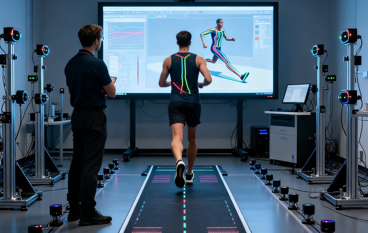 现代化运动科学实验室内，研究人员正在分析大屏幕上显示的3D跑步步态轨迹数据，地面配有压力感应跑道，各种传感器设备整齐排列。